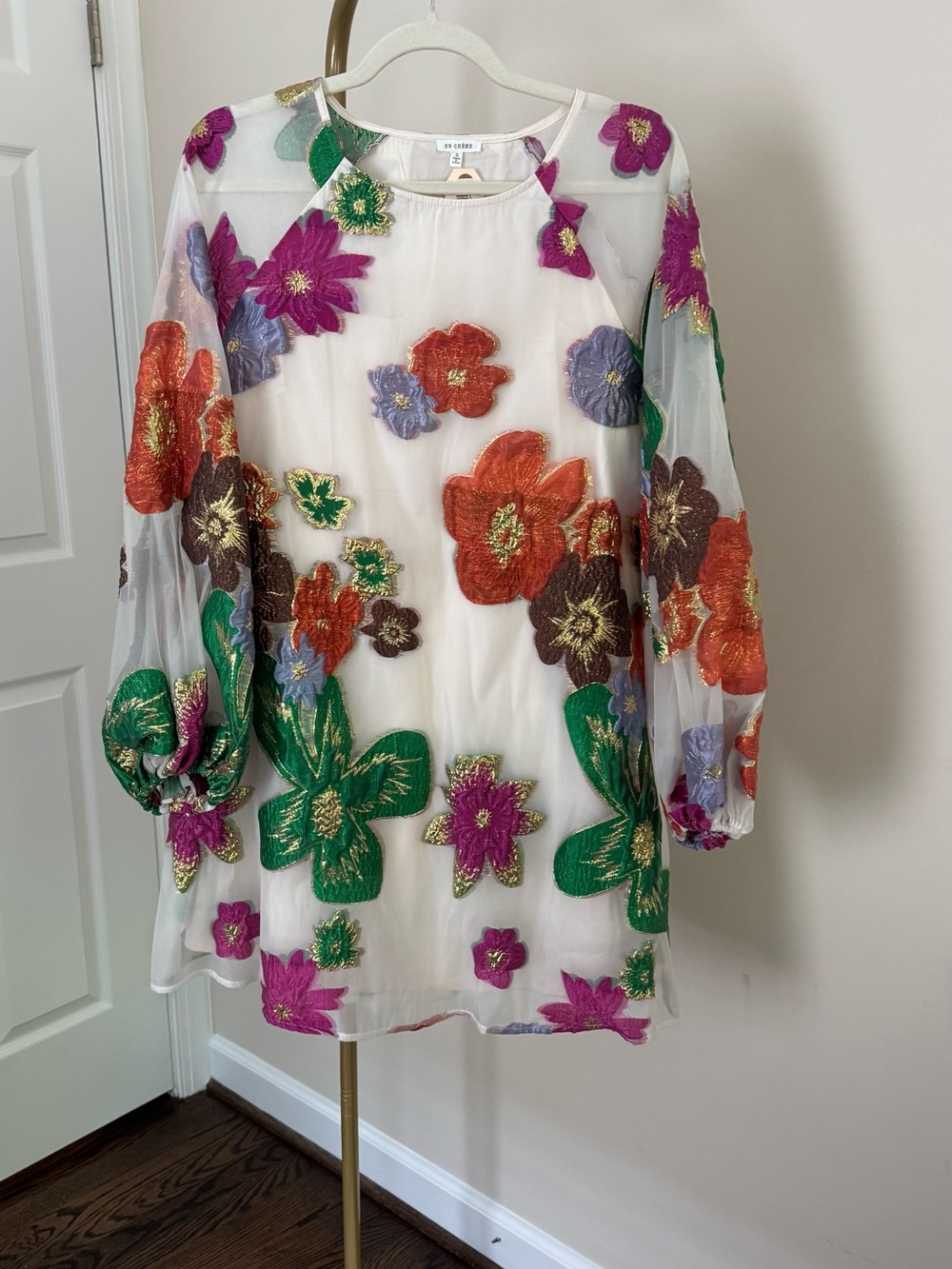 NWT En Creme Sheer Long Sleeve Dress with Multicolor Embroidered Floral Appliqué